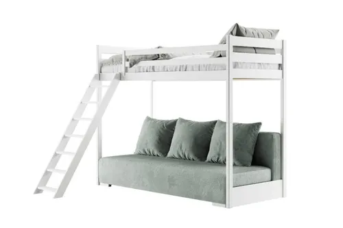 Etagenbett SIDNEY 90x200/140x200 mit Schlaffunktion - Praktisches Etagenbett in Weiß/Grau aus Kiefernholz, ideal für Jugendzimmer. Inklusive Kaltschaummatratze und komfortablem Sofa mit Easy-Clean-Technologie für einfache Reinigung.