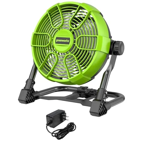Greenworks 24 V 27,9 cm Lüfter mit 5 Geschwindigkeiten - Ventilator mit 785 CFM Max Luftdurchsatz, 360° drehbarem Kopf und tragbarem Design – ideal für Baustellen, Garagen oder Terrassen.
