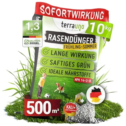 TerraUno Rasendünger Frühjahr/Sommer I Sofortwirkung für saftiges grün I 10 kg für 500 m² I gesunder Rasen verdrängt Moos und Unkraut I NPK Dünger Rasen I Gegen Trockenstress I Für den Streuwagen
