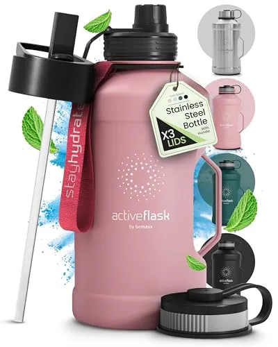 BeMaxx Trinkflasche Edelstahl ACTIVE FLASK + Strohhalm (3 Deckel) | Große 2,2 Liter Sportflasche BPA-frei Auslaufsicher Kohlensäure geeignet, 2l XL Wasserflasche Sport Outdoor Fitness Wasser Flasche