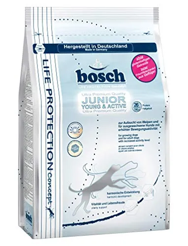 Bosch Trockenfutter für Hunde Junior Young & Active - Hundefutter für aktive Junghunde und Leistungshunde: glutenfrei, reich an Energie und hochwertigen Eiweißen für optimale Entwicklung und Vitalität.
