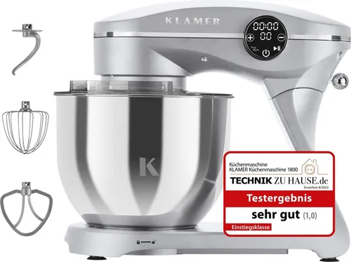 KLAMER Küchenmaschine 1800W - Küchenmaschinen mit 6L Edelstahl-Schüssel, 10 Geschwindigkeitsstufen und Timer für müheloses Kneten, Rühren und Aufschlagen – ideal für Großfamilien!