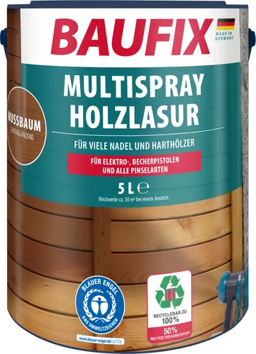 Baufix Holzlasur Multispray 5,0l - Wetterfeste Nussbaum Lasur für Innen & Außen - Wasserbasierte Holzlasur für innen und außen, witterungs- und UV-beständig. Betont die Holzmaserung und ist besonders geruchsarm. Ideal für bis zu 10 qm/l, tropfgehemmt und Made in Germany.