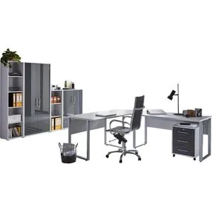 BMG-Möbel Büromöbel-Set Tabor Office 4, Schreibtisch, 2 Schränke und 2 Regale,grau/anthrazit