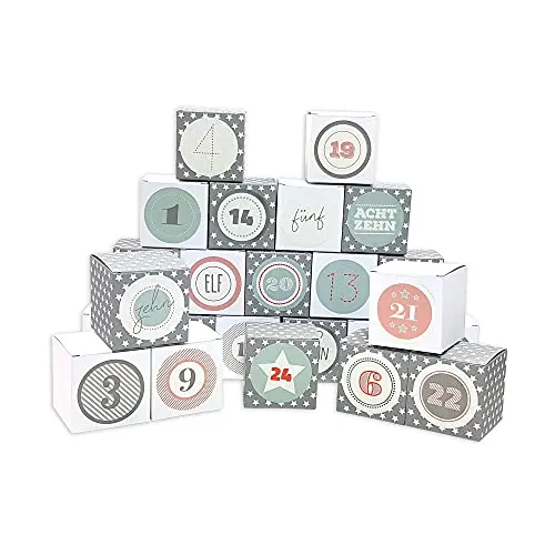 Frau WUNDERVoll® DIY Adventskalender Vorfreude zum Befüllen, 24 Faltschachteln grau, weiße Sterne/weiß 7x7x7cm(gefaltet),XL Ziffern pastell/Weihnachten, Würfelbox, Faltverpackung, Schachteln