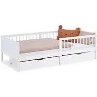 Homestyle4u Kinderbett 90x200 mit Rausfallschutz und 2 Bettkästen - Stabiles Holzbett in Weiß, 90x200 cm, mit integriertem Rausfallschutz und praktischen Schubladen für optimalen Stauraum – ideal für ein sicheres und ordentliches Kinderzimmer.