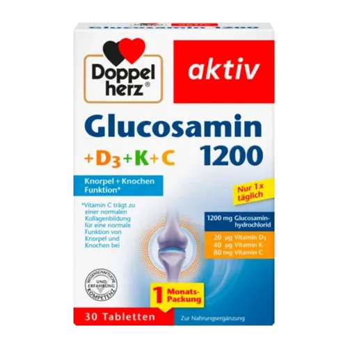 Doppelherz Glucosamin 1200 + D3 + K+ C – Mit Vitamin C als Beitrag zur normalen Kollagenbildung für eine normale Knorpelfunktion – 30 Tabletten