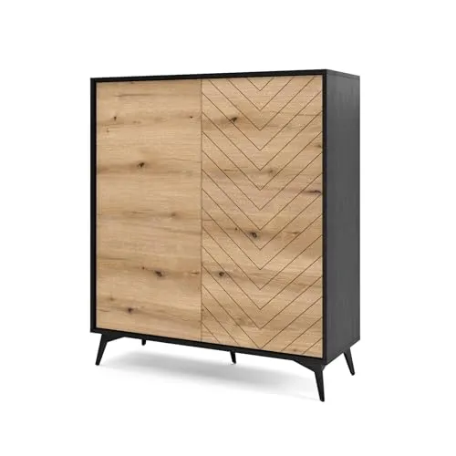 Selsey Highboard Boulia, Schwarz - Kommode mit 6 Fächern und schräg gestellten Metallbeinen, ideal für Wohnzimmer, Schlafzimmer oder Flur – vereint stilvolles Design mit praktischem Stauraum.