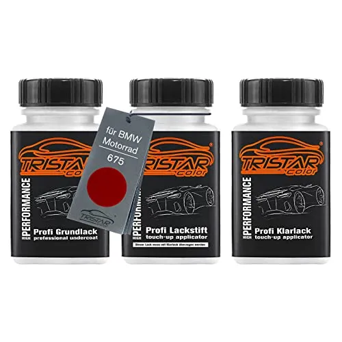 TRISTARcolor Motorradlack Lackstift Set für BMW Motorrad 675 Red Metallic Grundlack Basislack Klarlack je 50ml