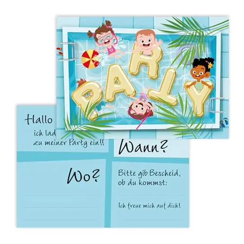 Einladungskarten Kindergeburtstag Pool/Schwimmbad [extra stabil] Einladung für Poolparty, Sommerfeier| die Geburtstagseinladung für Jungs und Mädchen (Pool ohne Kuvert) 12