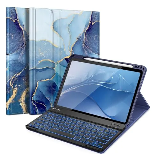 FINTIE Tastatur Hülle für iPad Air 11 Zoll 2025/2024 - Tastatur Hülle mit abnehmbarer, beleuchteter QWERTZ-Tastatur, 7 Farben und verstellbarem Ständer für optimalen Schutz und Komfort beim Tippen.