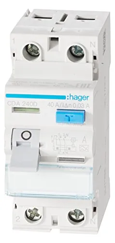Hager FI-Schutzschalter CDA240D 40A 30mA 2-polig - Fehlerstromschutzschalter mit 40A, 30mA und 6kA, ideal für den sicheren Schutz Ihrer elektrischen Anlagen. Montage auf DIN-Schiene.