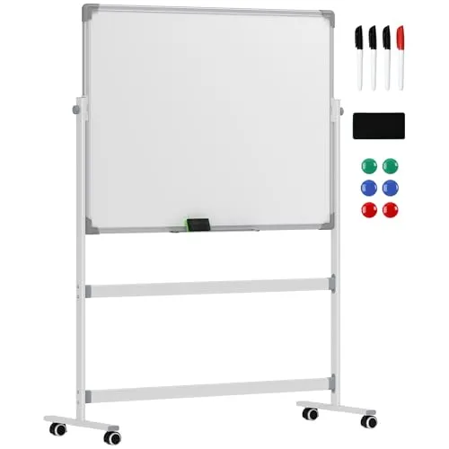 HOMCOM Doppelseitiges Magnetisches Whiteboard 120 x 90 cm - Küchenmesser: Großzügige 120 x 90 cm Schreibfläche, drehbar und mobil mit vier Rollen – ideal für kreative Ideen und Präsentationen.
