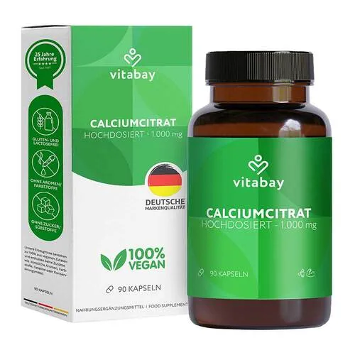 Vitabay Calcium 1000 mg hochdosiert – 90 vegane Kapseln - Hochdosierte Calciumcitrat-Kapseln für eine einfache Ergänzung ohne Zusatzstoffe. Ideal für eine bewusste Ernährung – geprüft und zuverlässig hergestellt in Deutschland.