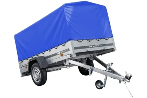 Unitrailer 230x125 Kippanhänger - Universalzubehör für Anhängerkupplungen, kippbar für einfache Be- und Entladung, max. Zuladung 750 kg, inklusive Stützrad und blauer Hochplane für optimalen Schutz.