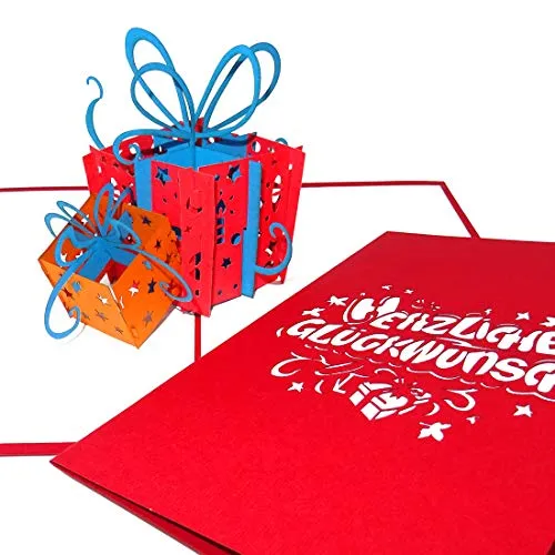 3D Geburtstagskarte Bunte Geschenke - Herzlichen Glückwunsch, Pop Up Karte zum Geburtstag, Namenstag und zur Geburt - als kleines Geschenk, Geschenkverpackung, Einladungskarte & Gutschein
