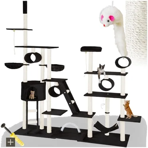 Kratzbaum Snooky 234-261 cm - Schwarz - Robuster Kratzbaum mit mehreren Ebenen, Spielseilen und einem Katzenhaus für ultimativen Spielspaß und Rückzugsmöglichkeiten. Ideal für aktive Katzen!