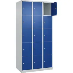 C+P Schließfachschrank Classic PLUS mit 3 Abteilen - 1850x900x500mm - Robuster Schließfachschrank Classic PLUS mit 3 Abteilen und 15 Fächern. Hochwertige Stahlkonstruktion, ideal für sicheren Stauraum im Büro. Mit praktischem Soft-Anschlag und bis zu 1000 verschiedenen Schließungen.