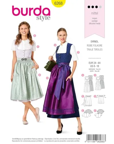 Burda Style Schnittmuster #6268 Damen Dirndl mit Bluse und Schürze - Papierschnittmuster für ein elegantes Dirndl in zwei Längen, inklusive detaillierter Anleitung in mehreren Sprachen. Ideal für kreative Nähprojekte.