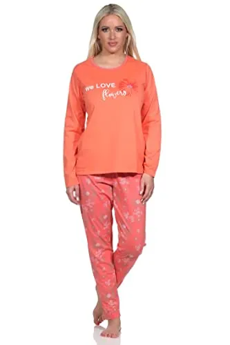 Normann Verspielter Damen Pyjama lang, Schlafanzug mit floralem Muster, Farbe:apricot, Größe:40-42