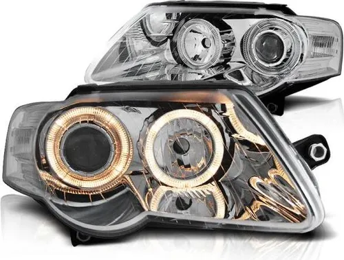Scheinwerfer Angel Eyes für VW Passat 3C B6 Bj. 05-10 Chrom - Scheibenwischer: Hochwertiges Scheinwerfer Set in Chrom-Optik mit Lichtleittechnik und elektrischer Leuchtweitenregulierung für bessere Sicht und modernes Design.