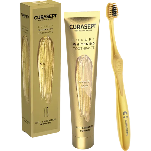 Curasept Gold Luxury Whitening Set mit Zahnbürste - Zahnpasta und Aktivkohle-Zahnbürste im Set, remineralisiert Zähne und sorgt für ein strahlend weißes Lächeln mit antibakterieller Wirkung.