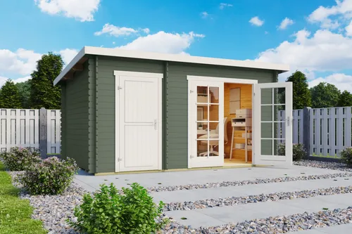 Gartenhaus Blockhaus Pultdach 28 mm Belmont 1 grün - Gartenhaus mit 28 mm Wandstärke, abschließbar und aus hochwertigem Holz, ideal für die Aufbewahrung und als Rückzugsort im Garten. Nutzfläche von 9,15 m².
