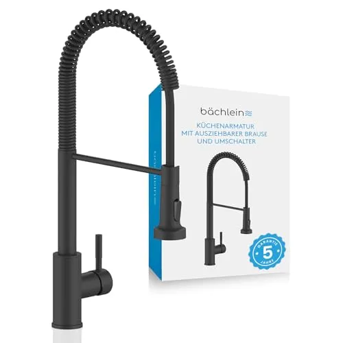 Bächlein Küchenarmatur Nedo – 360° schwenkbar (matt schwarz) - Armaturen mit flexiblem Auslauf und Brause – ideal für müheloses Spülen in jeder Ecke Ihrer Küche. Komplettset mit Zubehör für einfache Montage!