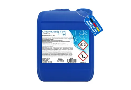 HERRLAN® Chlor flüssig 13% – 10 Liter Gebinde für professionelle Wasserdesinfektion - Effektives, unstabilisiertes Flüssigchlor mit 13% Aktivchlorgehalt für die Poolpflege. Ideal für alle Poolgrößen, sorgt für hygienisch sauberes Wasser ohne Rückstände. Made in Germany, frisch auf Bestellung produziert.