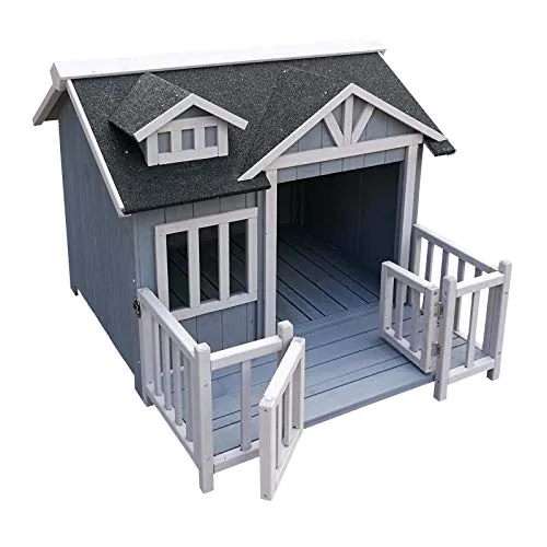 Wiltec Luxus XL Hundehütte mit Veranda - Hundehütte aus robustem Fichtenholz, bietet ganzjährigen Schutz vor Wetterunbilden und stilvollen Rückzugsort für Hunde im Garten oder auf der Terrasse.
