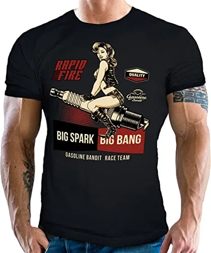 Classic Biker Racing Motorrad T-Shirt: Big Spark - Big Bang - T-Shirts für Herren, mit original GASOLINE BANDIT Design und brillanter, waschbeständiger Druck für höchsten Tragekomfort.