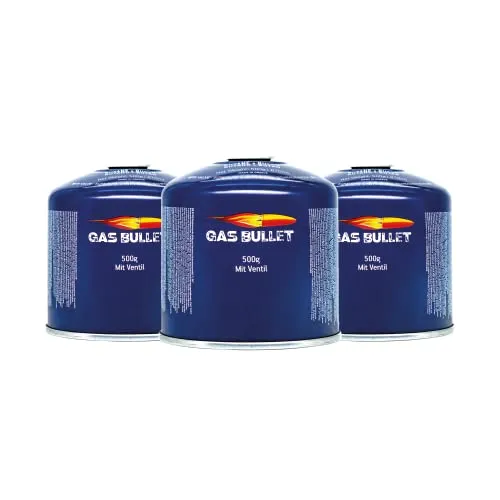 Gas Bullet ® Gaskartusche 500g für Gaskocher und Schraubventilgeräte - Einfache Handhabung: Unsere Gaskartuschen lassen sich problemlos an Kocher und Brenner anschließen. Ideal für bis zu 19 Mahlzeiten und perfekt für unterwegs. Entspricht den neuesten Sicherheitsstandards.