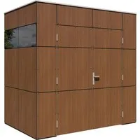 Gartenhaus Bertilo Trespa HPL Design Mini 231 x 165 cm Walnuss - Modernes Gartenhaus mit Flachdach aus langlebigem HPL in eleganter Walnuss-Optik, ideal für die stilvolle Aufbewahrung im Garten.