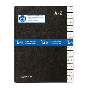 Pagna 24241 Pultordner A-Z 24 Fächer schwarz A4 - Schwarzer Pultordner mit 24 Fächern für die alphabetische Ablage von A4-Dokumenten. Robuster Einband aus Hartpappe und verstärkter Leinenrücken sorgen für Langlebigkeit. Made in Germany, mit 5 Jahren Garantie.