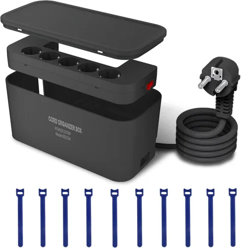 Kabelbox mit Steckdosenleiste USB Überspannungsschutz, Mehrfachsteckdose 5Fach mit 3USB Ladeanschlüsse, Kabel Organizer Box Steckdosenadapter (2500W) mit 2M Kabel, 29.5 * 14 * 14CM, Schwarz