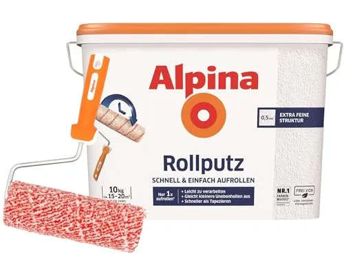 Alpina Dispersions-Silikatputz Set 10KG mit gratis Roller - Farben für innen, ideal für ein gesundes Raumklima, geruchsarm und allergikergeeignet, inklusive gratis Roller für ein perfektes Oberflächenbild.