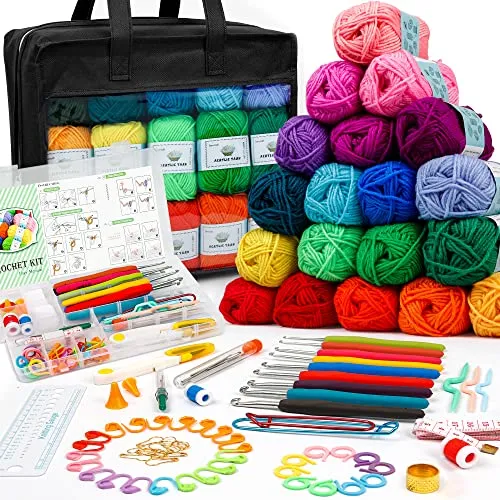 Inscraft Häkelwolle Set, 103 Stück Häkelgarn Set mit 2180yd Strickgarn in 30 Farben, Nädeln, Zubehör und Tasche, Häkelset für Kinder, Erwachsene, Anfänger, Acrylwolle zum Häkeln & Stricken