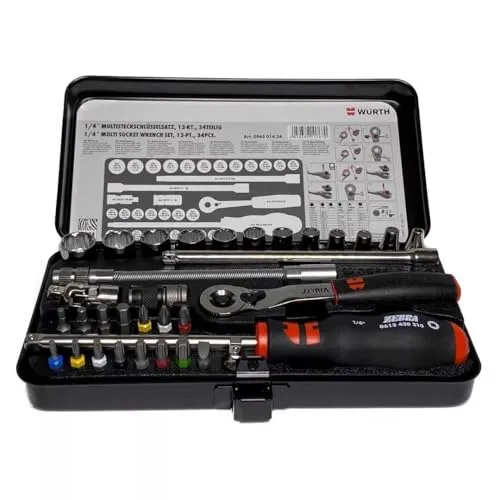 Würth Zebra Ratschenkasten Steckschlüsselsatz 1/4 Zoll 34-teilig Multi BLACK - Steckschlüsselsatz 1/4 Zoll mit 34 Teilen, ideal für präzise Arbeiten und vielseitig einsetzbar, in edlem Schwarz für professionelle Ansprüche.