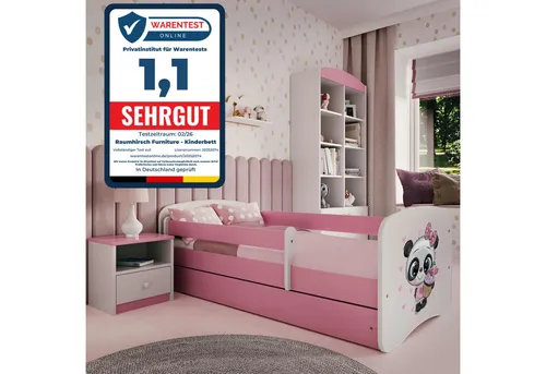 Raumhirsch Furniture Kinderbett Panda, Rosa, 80x160 cm - Modernes Kinderbett in Rosa mit abnehmbarer Schutzschiene und geräumiger Schublade für praktischen Stauraum. Inklusive Lattenrost und waschbarer Matratze für maximalen Komfort und Sicherheit im Kinderzimmer.