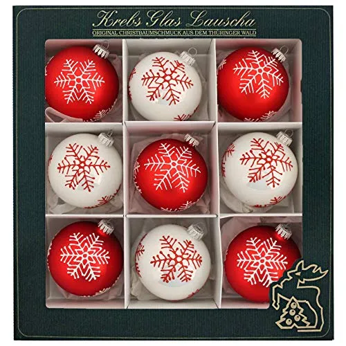Krebs Glas Lauscha - Weihnachtsdekoration/Christbaumschmuck aus Glas - Weihnachtskugeln - Motiv: Schneeflocken Rot/Weiß - 9 Stück - Größe: ca. 8 cm