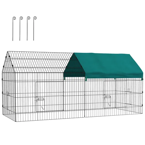 PawHut Kleintierkäfig Freilaufgehege 220 x 85 x 103 cm mit Abdeckung, 4 Türen, Meerschweinchen Gehege für Kaninchen, Indoor, Outdoor