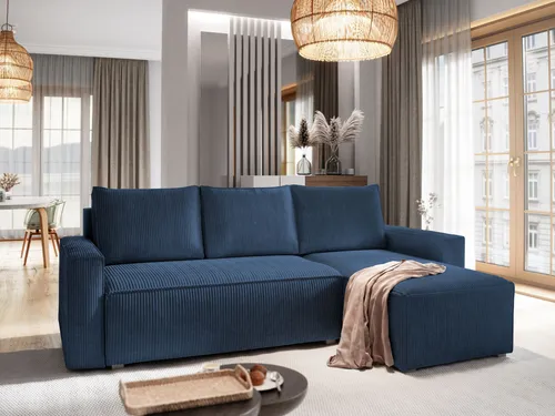 Masseno Ecksofa POTARO mit Schlaffunktion - Blau, L-Form - Ecksofa mit Schlaffunktion und Bettkasten, bietet eleganten Komfort und praktischen Stauraum für Bettzeug, ideal für Gäste und kleine Räume.