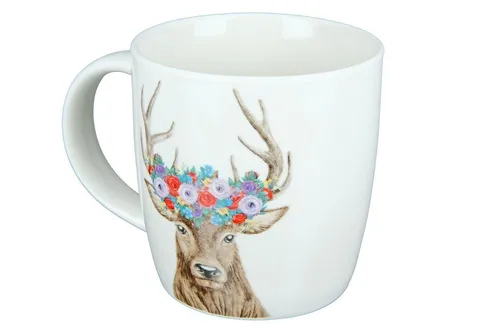Porzellan Tasse "Hirsch mit Blumenkranz" weiß/braun 380ml