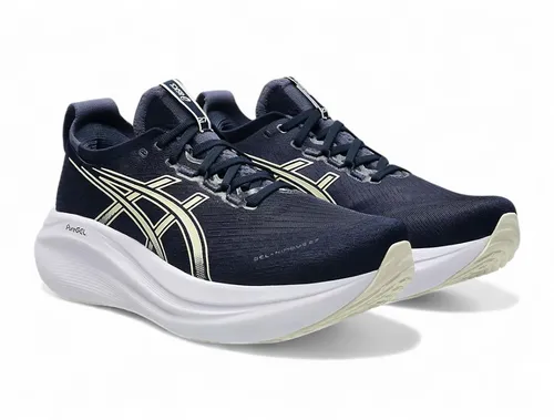 ASICS Gel-Nimbus 27 Herren Neutralschuh - Dunkelblau, Creme, Größe 42.5 - Laufschuhe mit innovativer Dämpfungstechnologie für maximalen Komfort und Unterstützung bei langen Strecken. Atmungsaktives Jacquard-Mesh-Obermaterial sorgt für kühlende Frische.