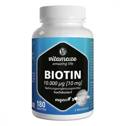 Biotin 10000 mcg hochdosiert vegan – 180 Tabletten für Haar und Haut - Hochdosierte vegane Tabletten mit 10.000 mcg Biotin für 6 Monate. Unterstützt die normale Funktion von Haar und Haut. Ohne Zusatzstoffe, rein pflanzlich und in Deutschland hergestellt.