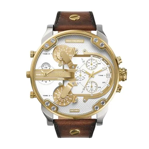 Diesel Watch DZ7483 - Herren-Armbanduhr mit 57mm Edelstahlgehäuse, stilvollem silbernen Zifferblatt und braunem Lederarmband. Wasserdicht bis 30 m – ideal für den Alltag und besondere Anlässe.