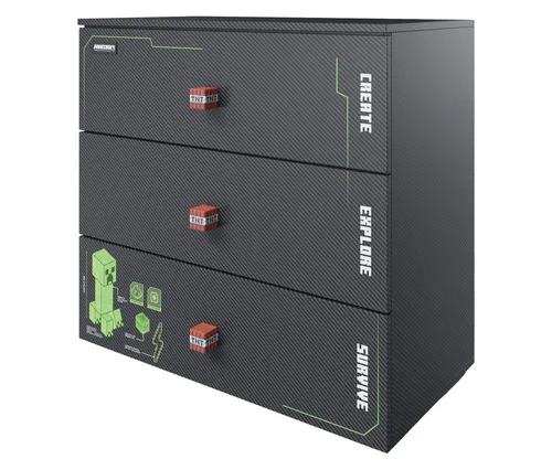 Minecraft Kommode mit 3 Schubladen 101027566 - Moderne Kommode in Carbon-Optik, ausgestattet mit Soft-Close-Schubladen und integrierter RGB-Beleuchtung für ein stylisches Ambiente.