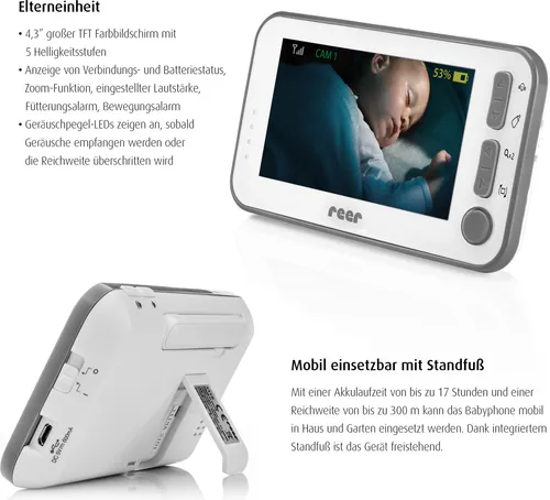 Reer BabyCam L - Video Babyphone 80430 - Weiß - Babyphone mit 300 m Reichweite, 4,3' TFT Farbmonitor und intelligenter VOX-Funktion für energiesparende Überwachung, ideal für sichere Kontrolle deines Babys.