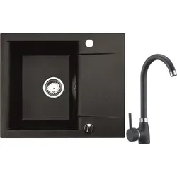 Granitspüle mit Armatur - Elegante Küchenspüle in Schwarz 59x44 - Sanitäranlagen & Zubehör - Komplett-Set mit tiefem Spülbecken und Hochdruckarmatur, widerstandsfähig gegen Stöße und Kratzer, ideal für die moderne Küche.