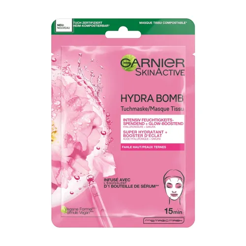 GARNIER SkinActive Hydra Bomb Tuchmaske - Gesichtsmasken mit Hyaluronsäure für fahle Haut, feuchtigkeitsspendend und glow-boostend für einen strahlenden Teint.